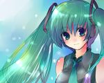  aqua_hair bad_id bad_pixiv_id blush closed_mouth collared_shirt detached_sleeves dust grey_shirt hair_ornament hatsune_miku headphones kobanzame long_hair looking_at_viewer multicolored_hair necktie shirt sketch smile solo sparkle twintails upper_body vocaloid 