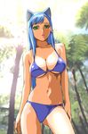  animal_ears bikini blue_hair breasts cat_ears cleavage green_eyes hair_ribbon large_breasts lipstick long_hair makeup nature original palm_tree photo_background ribbon solo standing swimsuit tree ueyama_michirou underboob 