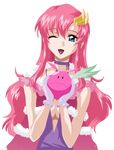 artist_request blue_eyes breasts cleavage coat feathers gloves gundam gundam_seed hair_ornament hairclip happy haro highres lacus_clyne long_hair medium_breasts one_eye_closed open_mouth pink_hair simple_background solo 