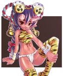  animal_print bell braid brown_eyes drum fundoshi grin horns instrument japanese_clothes katahira_masashi kouhaku_nawa long_hair mitsudomoe_(shape) navel oni original pointy_ears purple_hair red_oni red_skin smile solo thighhighs tiger_print tomoe_(symbol) wrist_cuffs 