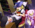  bad_id bad_pixiv_id blonde_hair book bookshelf chair crossed_legs hexagram kirisame_marisa kobanzame multiple_girls nap open_mouth patchouli_knowledge saliva sitting sleeping touhou walk-in 