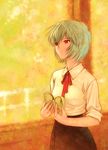  ayanami_rei blue_hair book highres kobayashi_yuuji neon_genesis_evangelion red_eyes ribbon school_uniform short_hair solo 