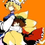  animal_ears blonde_hair brown_hair cat_ears cat_tail chen closed_eyes earrings fang fox_tail glomp hat hug jewelry long_sleeves multiple_girls multiple_tails pillow_hat short_hair tail tassel touhou wide_sleeves yakumo_ran yellow_eyes yukizen 