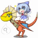  ? blue_eyes blue_hair bow chibi cirno crossover hair_ribbon ice ice_wings monster_hunter reins reku ribbon riding smile solo sparkle speech_bubble spoken_question_mark tail touhou wings yian_kut-ku 