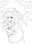  cowboy_shot crystal demon_wings dress flandre_scarlet greyscale hat hermmy looking_at_viewer mob_cap monochrome puffy_short_sleeves puffy_sleeves short_hair short_sleeves solo standing touhou vampire wings 