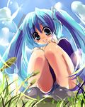  aqua_eyes bad_id bad_pixiv_id blue_hair from_below grass hands_on_own_knees happy hatsune_miku knees_together_feet_apart kobanzame long_hair nature open_mouth smile solo squatting twintails vocaloid 