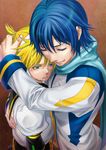  blonde_hair blue_hair brown_background closed_eyes crying crying_with_eyes_open from_above headset hug kagamine_len kaito male_focus multiple_boys ponytail scarf shidatsu_takayuki tears vocaloid 