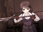  belt blacksmith brown_eyes brown_hair game_cg glaring gloves nanao_naru sakura_~setsugekka~ short_hair solo sword weapon 