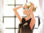  ahoge aqua_eyes armpits arms_up artoria_pendragon_(all) blonde_hair curtains fate/stay_night fate_(series) fukurou hair_ornament hairclip highres saber solo tank_top upper_body wallpaper window 