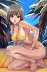  bad_id bad_pixiv_id barefoot bikini breasts brown_hair feet hand_on_own_knee hand_on_thigh large_breasts one_knee original outline palm_tree red_eyes ryunryun short_hair smile solo swimsuit tree yellow_bikini 