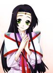  artist_request black_hair capelet code_geass gem green_eyes headband japanese_clothes jewelry kimono long_hair ruby_(stone) sash sidelocks simple_background smile solo sumeragi_kaguya upper_body very_long_hair white_background 