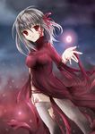  blood breasts dark_sakura dutch_angle fate/stay_night fate_(series) floating floating_object glowing grey_legwear large_breasts long_hair looking_at_viewer mahouni matou_sakura orb red_eyes red_hair short_hair side_slit solo standing striped thighhighs torn_clothes torn_legwear turtleneck 