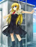  air blonde_hair company_connection cosplay highres kamio_misuzu kamio_misuzu_(cosplay) key_(company) kneehighs little_busters! long_hair mutsuki_(moonknives) school_uniform socks solo tokido_saya very_long_hair 