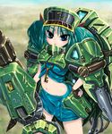  armor armored_dress blue_eyes blue_hair hat kabutoyama kawashiro_nitori key midriff navel power_armor science_fiction solo touhou two_side_up 