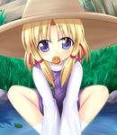  blonde_hair blue_eyes hat makino_(ukiuo) moriya_suwako solo squatting touhou 