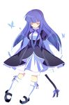  banned_artist blue_hair bow bug butterfly closed_eyes dress frederica_bernkastel harano insect kneehighs long_hair sandals socks solo tail umineko_no_naku_koro_ni 