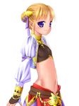  aphmau artist_request belt blonde_hair blue_eyes blush brown_gloves cowboy_shot final_fantasy final_fantasy_xi fingerless_gloves gem gloves hume long_sleeves midriff navel short_hair simple_background solo stomach white_background 