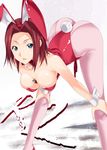  animal_ears bent_over between_breasts blue_eyes breasts bunny_ears bunnysuit code_geass kallen_stadtfeld leotard mizuki_makoto pantyhose pink_legwear red_hair red_leotard solo 