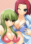  bad_id bad_pixiv_id bangs blue_eyes blush bra breasts c.c. cleavage code_geass green_hair highres huge_breasts kallen_stadtfeld lingerie long_hair multiple_girls one_eye_closed red_hair short_hair suzumiya_botan underwear yellow_eyes 