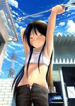  armpits black_hair car closed_eyes cloud cowboy_shot day denim flat_chest ground_vehicle jeans long_hair midriff motor_vehicle open_fly original panties pants power_lines sky solo stretch tools underwear unzipped white_panties wrench yonasawa 