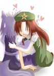  animal_ears beret closed_eyes dog_ears dog_tail grey_hair hat heart hong_meiling hug izayoi_sakuya kemonomimi_mode mashayuki multiple_girls red_hair sitting sketch star tail touhou 