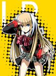  blonde_hair bow bowtie closed_mouth hirama_hirokazu little_busters! long_hair looking_at_viewer miniskirt pink_bow plaid plaid_skirt pleated_skirt red_bow red_neckwear school_uniform simple_background skirt smile solo standing tokido_saya very_long_hair yellow_background 