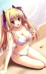  beach bikini blonde_hair blush breasts cleavage day eyebrows_visible_through_hair hair_ribbon highres kannatsuki_noboru large_breasts non-web_source ribbon shinkyoku_soukai_polyphonica shore side-tie_bikini sideboob sitting solo strap_gap swimsuit thighs twintails yugiri_perserte 