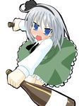  blue_eyes blush dress dual_wielding from_above green_dress holding holding_sword holding_weapon hujikok katana konpaku_youmu looking_at_viewer looking_up short_hair silver_hair simple_background solo sword touhou weapon white_background 