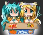  animal_ears aqua_hair bad_id bad_pixiv_id box carrot cat_ears food fruit hatsune_miku in_box in_container kagamine_rin long_hair multiple_girls orange rindou_(awoshakushi) spring_onion tail tears very_long_hair vocaloid 