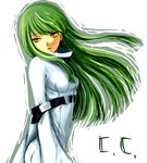  artist_request bangs belt bodysuit c.c. character_name code_geass expressionless green_hair long_hair long_sleeves looking_back simple_background solo uniform very_long_hair white_background white_bodysuit yellow_eyes 