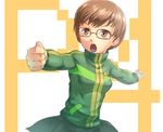  4hands :o badge bangs brown_eyes brown_hair button_badge clenched_hands glasses jacket orange-framed_eyewear outstretched_arms persona persona_4 satonaka_chie school_uniform short_hair solo spread_arms track_jacket yasogami_school_uniform zipper 