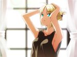  \o/ ahoge alternate_costume armpits arms_up artoria_pendragon_(all) blonde_hair curtains fate/stay_night fate_(series) fukurou green_eyes hair_ornament hairclip hands_on_own_head looking_at_viewer outstretched_arms saber short_hair solo tank_top window 