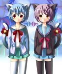  animal_ears ayanami_rei bad_id bad_pixiv_id blue_hair blue_sailor_collar cat_ears kita_high_school_uniform multiple_girls nagato_yuki neon_genesis_evangelion rindou_(awoshakushi) sailor_collar school_uniform serafuku suzumiya_haruhi_no_yuuutsu tail thighhighs 