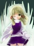  blonde_hair cowboy_shot looking_at_viewer moriya_suwako no_hat no_headwear one_eye_closed purple_skirt skirt solo standing sweater touhou turtleneck vest yellow_eyes yuuki_(ashitahare) 