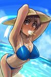  armpits arms_up bad_id bad_pixiv_id beach bikini breasts brown_eyes cleavage cloud copyright_request day fisheye food foreshortening hat large_breasts mouth_hold ocean one-piece_tan outdoors popsicle ryunryun solo swimsuit tan tanline wet 