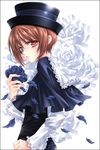  bad_id bad_pixiv_id blue_flower blue_rose blush brown_hair capelet floral_background flower frilled_sleeves frills from_side green_eyes hat heterochromia holding holding_flower lolita_fashion long_sleeves looking_at_viewer moonstone petals red_eyes rose rozen_maiden short_hair solo souseiseki white_background 