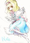 alice_margatroid boots colored_eyelashes cross-laced_footwear dress eyelashes frills high_heels lace-up_boots lolita_fashion miri_(tobira_no_mukou) shoes solo touhou traditional_media 