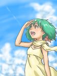 :d arm_up bare_shoulders blue_sky blush brown_eyes cloud day dress green_hair hand_on_forehead hirasawa_meio light_rays looking_afar macross macross_frontier open_mouth outdoors ranka_lee scarf sky smile solo sunlight yellow_dress yellow_scarf 