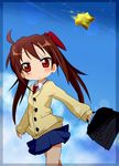  ahoge bag blush brown_hair cloud day ixy long_hair lucky_star nagamori_yamato necktie red_eyes school_bag school_uniform skirt sky solo star twintails 