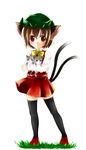  1girl animal_ears black_thighhighs brown_eyes brown_hair cat cat_ears cat_tail chen earrings hat hug jewelry multiple_tails short_hair solo tail thighhighs touhou yuuki_(ashitahare) zettai_ryouiki 