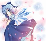  blue_eyes blue_hair bow cirno dress hair_bow hands looking_back petals petticoat sho_(runatic_moon) short_hair snowflakes solo touhou wings 