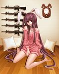  analog_clock animal_ears ar-10 bad_feet banned_artist bare_shoulders barefoot battle_rifle bunny_ears clock gun legs long_hair pillow purple_hair red_eyes reisen_udongein_inaba rifle sitting solo touhou very_long_hair wall_clock wariza weapon wooden_floor yuuka_nonoko 