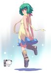  akane_souichi bare_shoulders boots green_hair hair_ribbon looking_back macross macross_frontier ranka_lee red_eyes ribbon scarf smile 