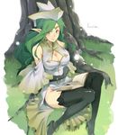  against_tree anklet black_legwear blush book boots bracelet breasts circlet cleavage cleavage_cutout elbow_gloves face fantasy gloves green_eyes green_hair hat jewelry kyo_(kuroichigo) large_breasts long_hair original pointy_ears sitting smile solo thigh_boots thighhighs tree zettai_ryouiki 