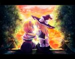  alice_margatroid arm_on_shoulder bangs blonde_hair blue_dress blue_eyes blush bow capelet cloud dress eye_contact from_behind hat hat_bow hug kirisame_marisa long_hair looking_at_another multiple_girls nose_blush oimo open_mouth outdoors sash sitting sky smile star sunset touhou tree witch witch_hat yellow_eyes 