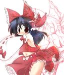  bare_shoulders detached_sleeves hakurei_reimu long_hair long_sleeves looking_at_viewer lowres muuba navel red_eyes red_skirt ribbon-trimmed_sleeves ribbon_trim simple_background skirt solo thighs touhou vest white_background zoom_layer 