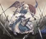 armor artist_request artoria_pendragon_(all) battlefield blonde_hair fate/stay_night fate_(series) field_of_blades flag green_eyes hair_ribbon planted_sword planted_weapon rain ribbon saber solo sword weapon 