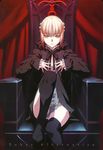  artist_request artoria_pendragon_(all) black_legwear blonde_hair bow braid fate/stay_night fate_(series) frills gothic_lolita hair_bow highres lolita_fashion ribbon saber_alter sitting solo thighhighs yellow_eyes 