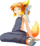  animal_ears arm_support bangs blonde_hair bow buttons child closed_eyes earbuds earphones firefox flat_chest fox_ears fox_tail from_side full_body gradient_hair hair_bow kitsupon lolifox multicolored_hair naked_overalls orange_hair os-tan overalls personification ponytail shadow shoes short_hair sitting sneakers solo tail transparent_background wariza 