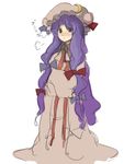  :t bow crescent crossed_arms dress hair_bow hat kasa long_hair patchouli_knowledge pout purple_eyes purple_hair robe simple_background sketch sleeves_past_wrists solo touhou very_long_hair 